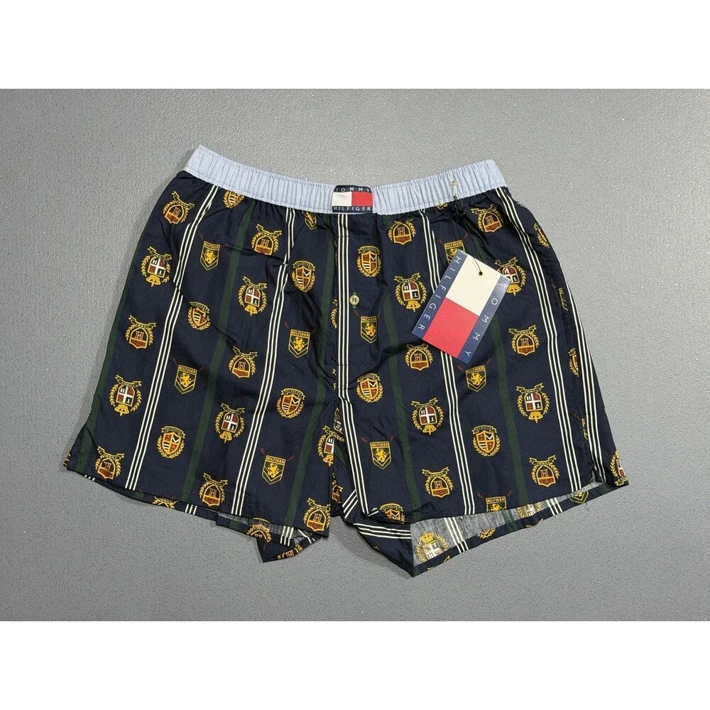 NWT Vtg 90s Tommy Hilfiger Crest Boxers Large Navy Green Stripe Lounge Shorts